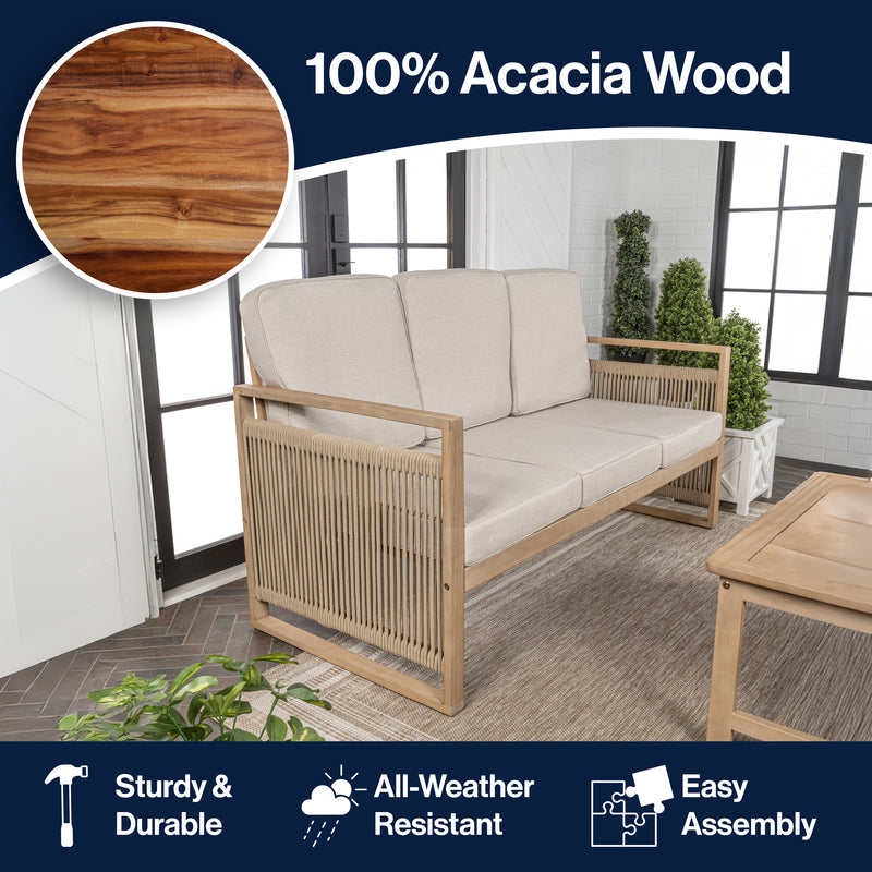Gable 3-Seat Mid-Century Modern Roped Acacia Wood Outdoor Sofa with Cushions