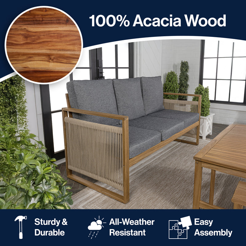 Gable 3-Seat Mid-Century Modern Roped Acacia Wood Outdoor Sofa with Cushions