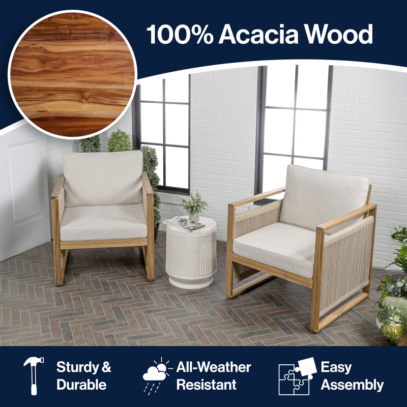 Gable Mid-Century Modern Roped Acacia Wood Outdoor Patio Chair with Cushions Set 2