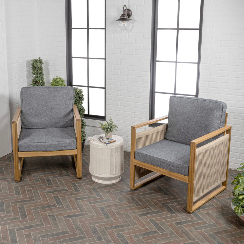 Gable Mid-Century Modern Roped Acacia Wood Outdoor Patio Chair with Cushions - JONATHAN Y