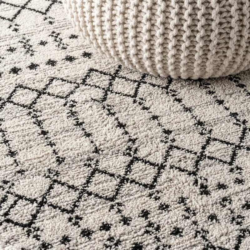 Ourika Moroccan Geometric Textured Weave Indoor/outdoor Runner Rug Cream/Black / Runner / 2'2" X 8' – DETAIL