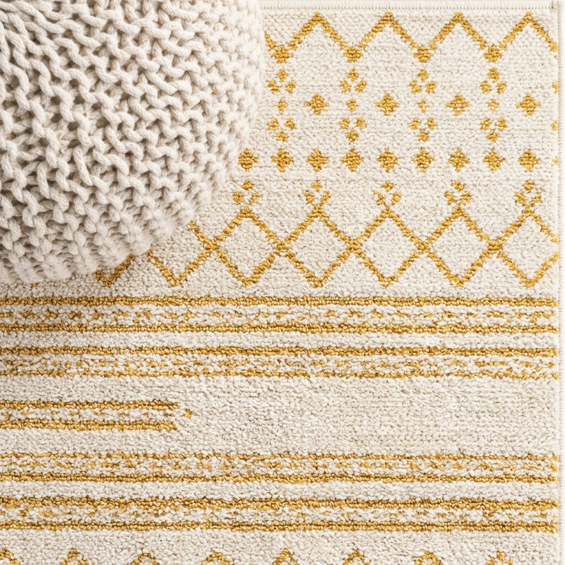 Ourika Moroccan Geometric Textured Weave Indoor/outdoor Runner Rug Cream/Yellow / Runner / 2'2" X 8' – DETAIL