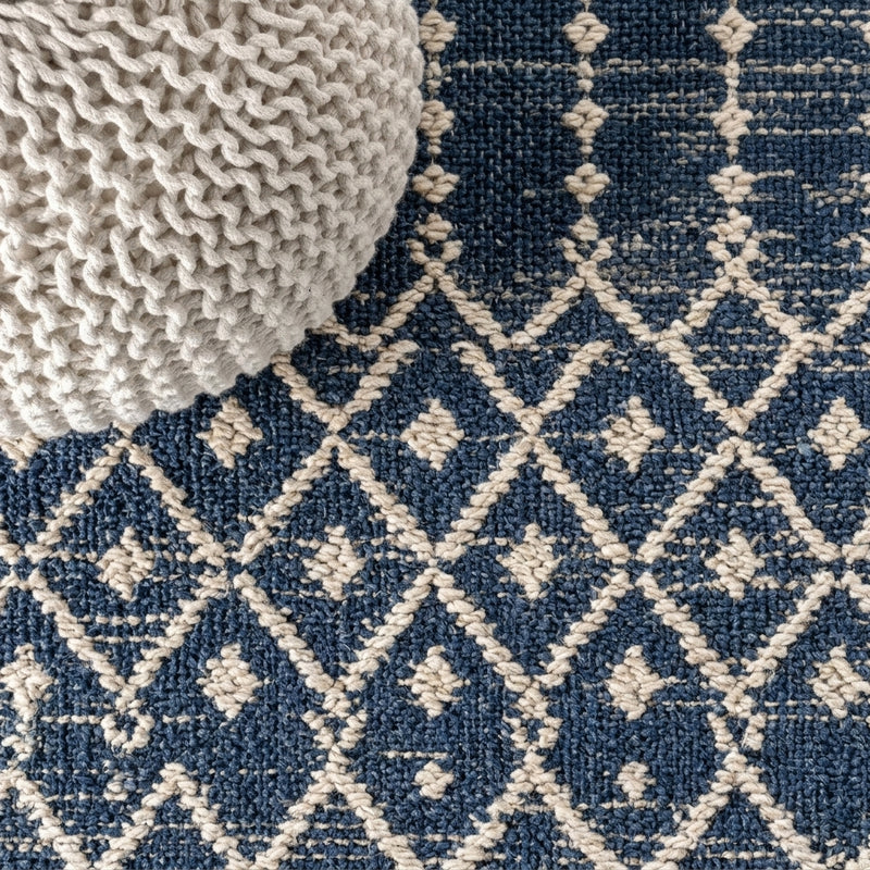 Ourika Moroccan Geometric Textured Weave Indoor/outdoor Runner Rug Navy/Beige / Runner / 2'2" X 8' – DETAIL