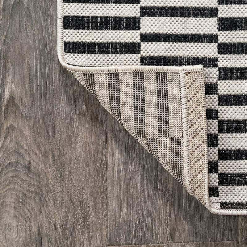 Sukie Modern Offset Stripe Indoor/outdoor Area Rug Ivory/Black / Runner / 2'2" X 8' – BACK