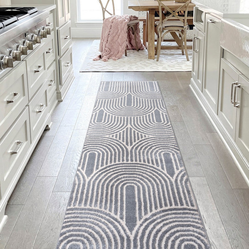 Pastel MidCentury Art Deco Striped Arches Two-Tone High-Low Area Rug