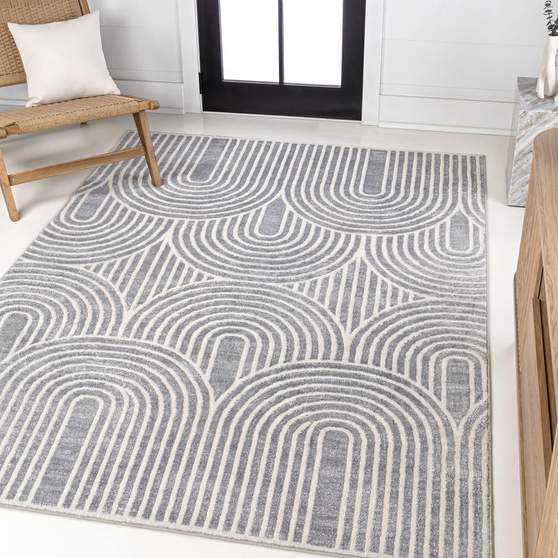 Pastel MidCentury Art Deco Striped Arches Two-Tone High-Low Area Rug
