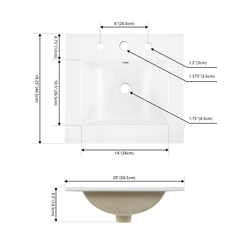 Ancillary 3-Hole 20 in. W x 18.25 in. D Classic Contemporary Rectangular Ceramic Single Sink Basin Vanity Top - JONATHAN Y