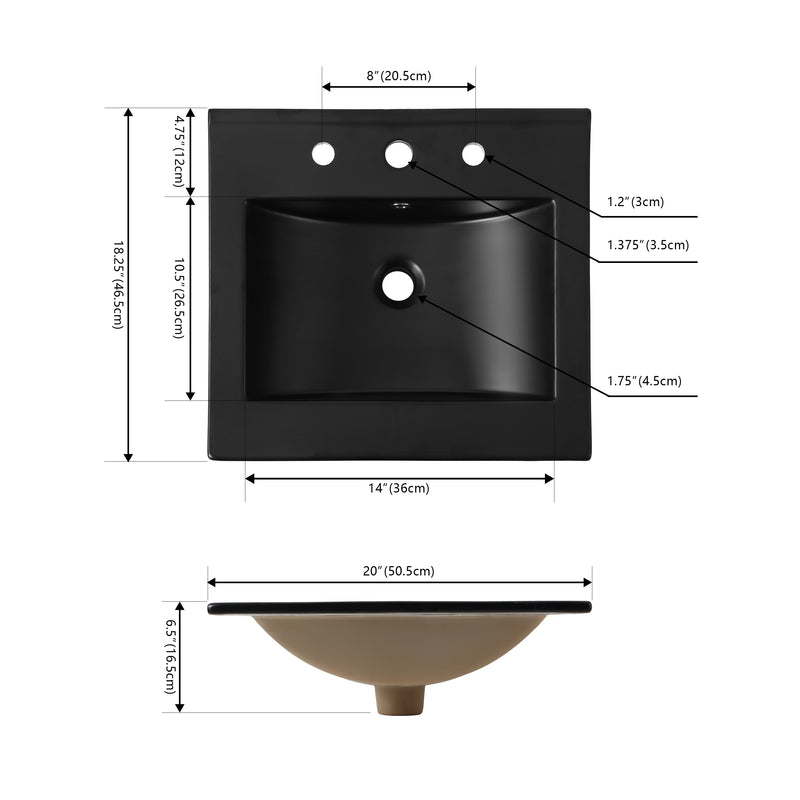 Ancillary 3-Hole 20 in. W x 18.25 in. D Classic Contemporary Rectangular Ceramic Single Sink Basin Vanity Top - JONATHAN Y