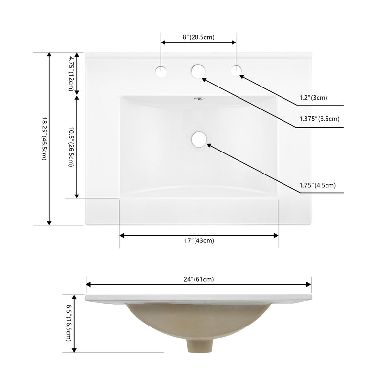 Ancillary 3-Hole Classic Contemporary Rectangular Ceramic Single Sink Basin Vanity Top