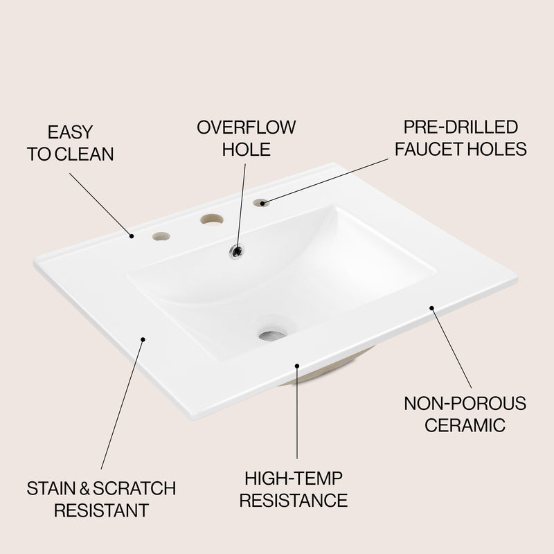 Ancillary 3-Hole Classic Contemporary Rectangular Ceramic Single Sink Basin Vanity Top