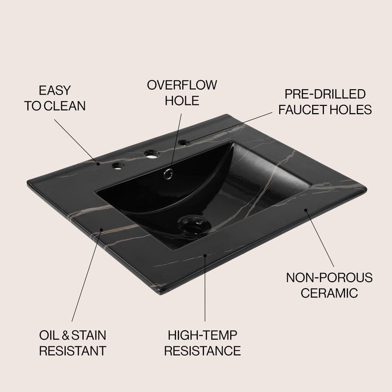 Ancillary 3-Hole Classic Contemporary Rectangular Ceramic Single Sink Basin Vanity Top
