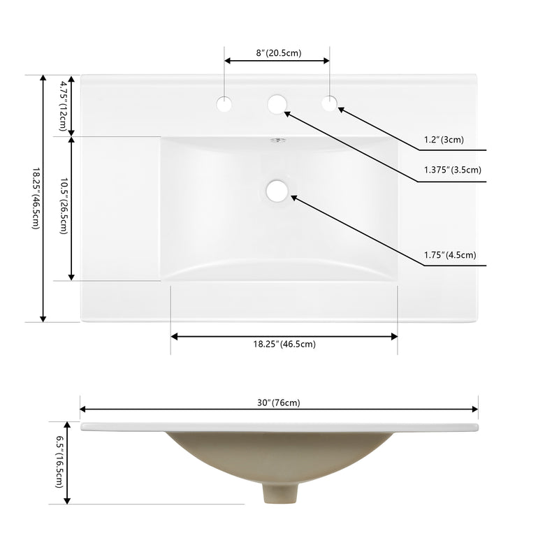 Ancillary 3-Hole Classic Contemporary Rectangular Ceramic Single Sink Basin Vanity Top