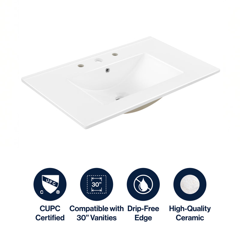 Ancillary 3-Hole Classic Contemporary Rectangular Ceramic Single Sink Basin Vanity Top