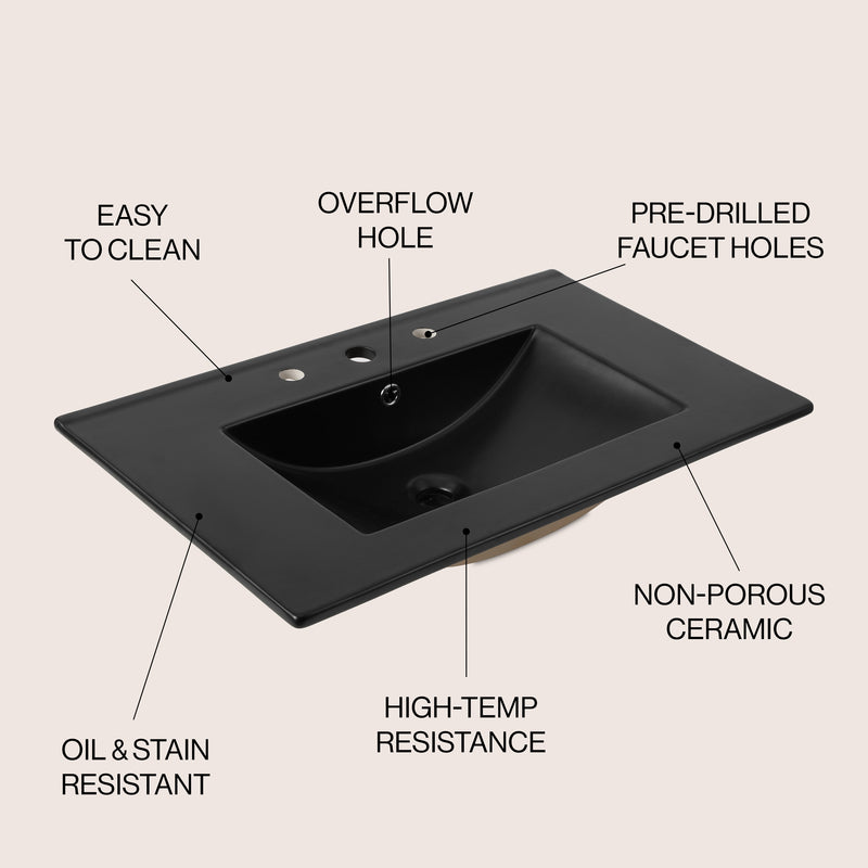 Ancillary 3-Hole Classic Contemporary Rectangular Ceramic Single Sink Basin Vanity Top