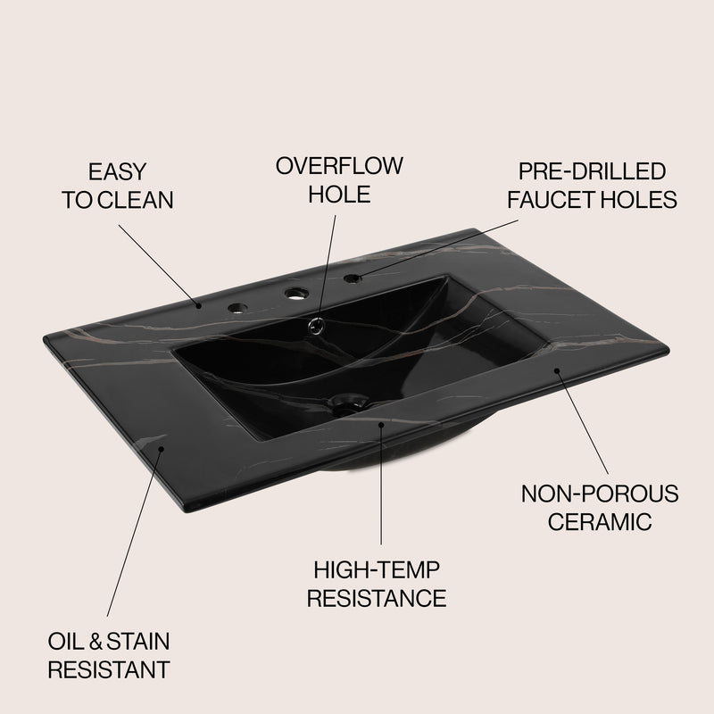 Ancillary 3-Hole Classic Contemporary Rectangular Ceramic Single Sink Basin Vanity Top