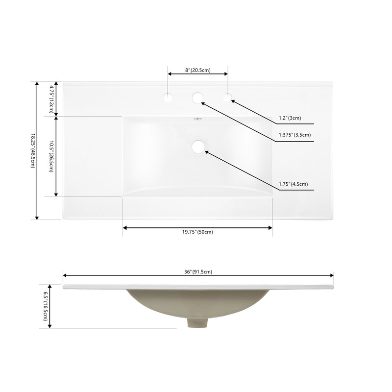 Ancillary 3-Hole Classic Contemporary Rectangular Ceramic Single Sink Basin Vanity Top