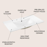 Ancillary 3-Hole Classic Contemporary Rectangular Ceramic Single Sink Basin Vanity Top