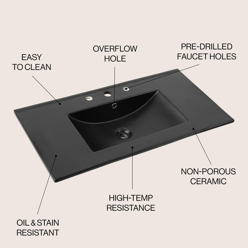 Ancillary 3-Hole Classic Contemporary Rectangular Ceramic Single Sink Basin Vanity Top
