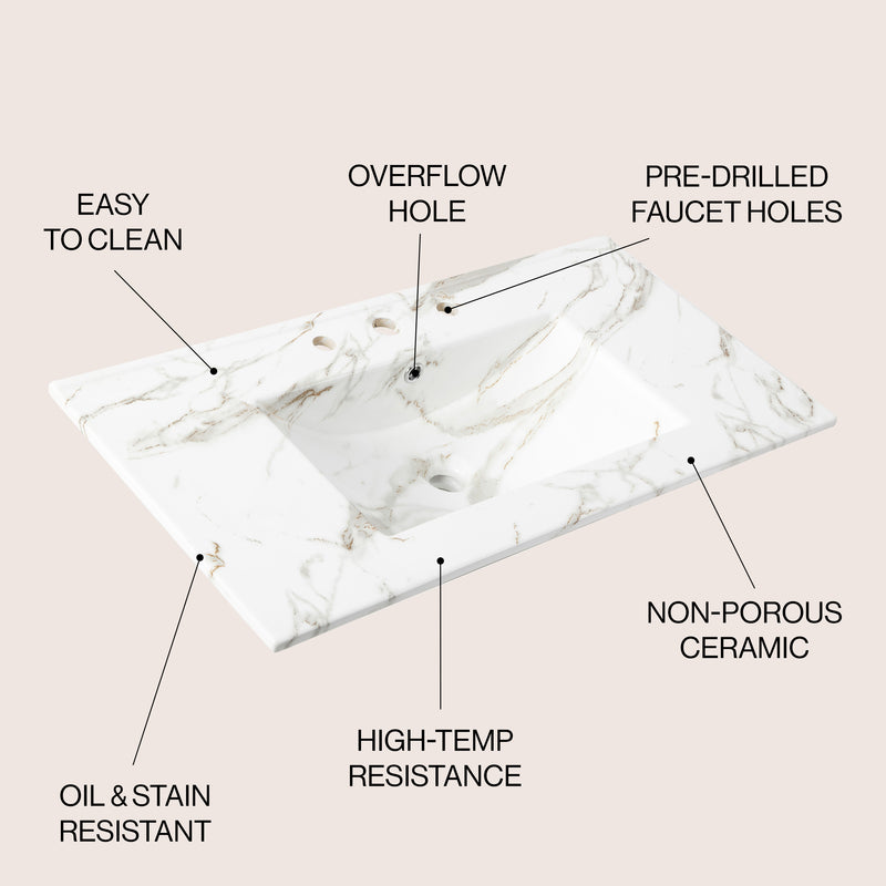 Ancillary 3-Hole Classic Contemporary Rectangular Ceramic Single Sink Basin Vanity Top