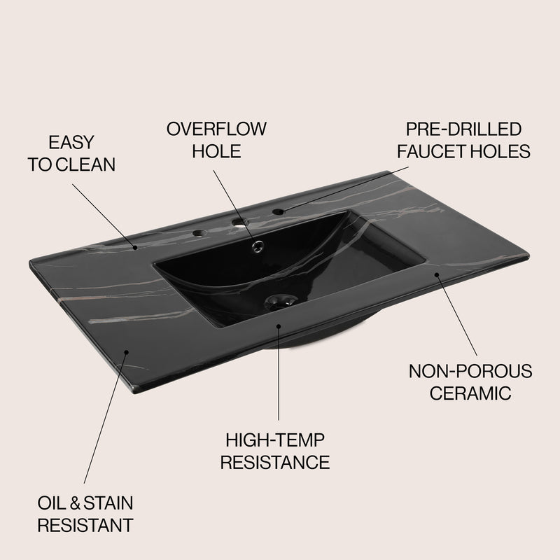 Ancillary 3-Hole Classic Contemporary Rectangular Ceramic Single Sink Basin Vanity Top