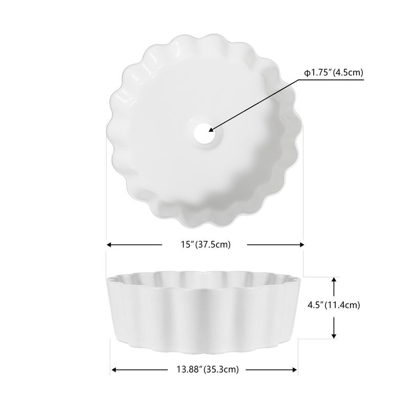 Atelier 15 in. Round Art Deco Contemporary Scalloped Ceramic Bathroom Vessel Sink