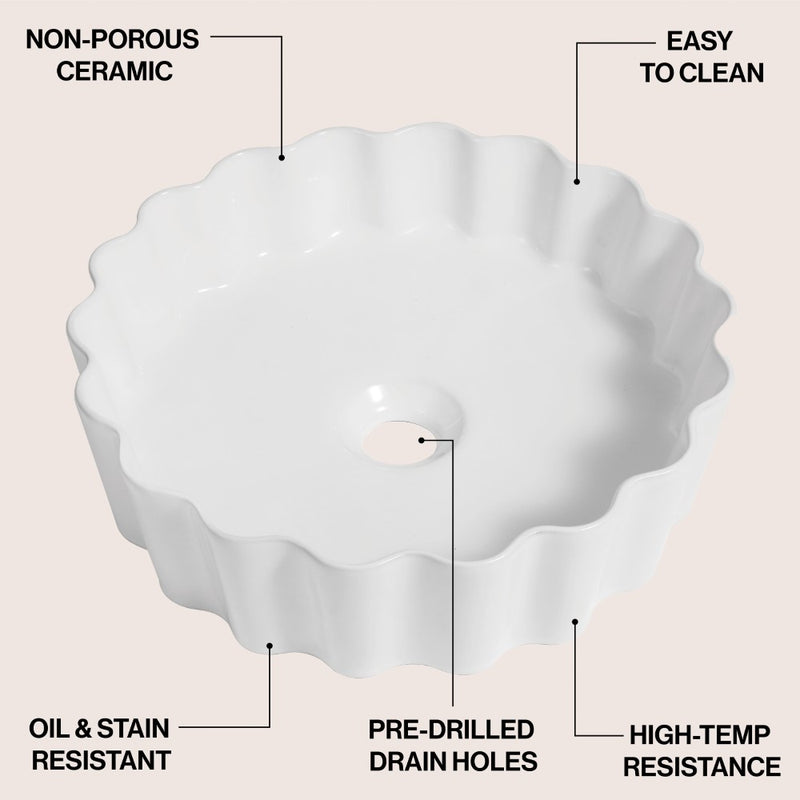 Atelier 15 in. Round Art Deco Contemporary Scalloped Ceramic Bathroom Vessel Sink