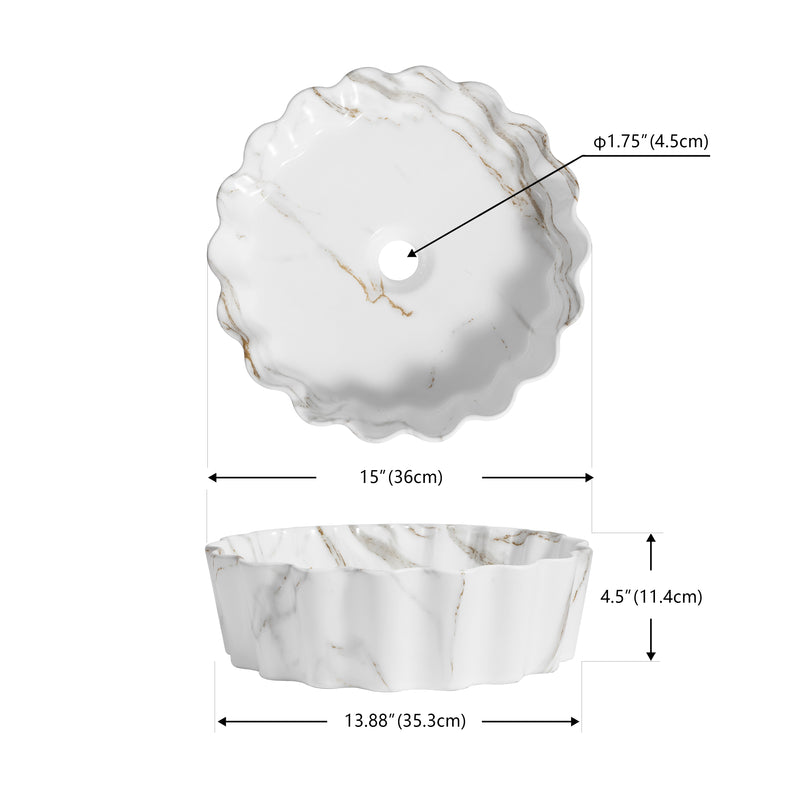Atelier 15 in. Round Art Deco Contemporary Scalloped Ceramic Bathroom Vessel Sink
