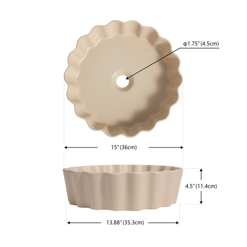 Atelier 15 in. Round Art Deco Contemporary Scalloped Ceramic Bathroom Vessel Sink