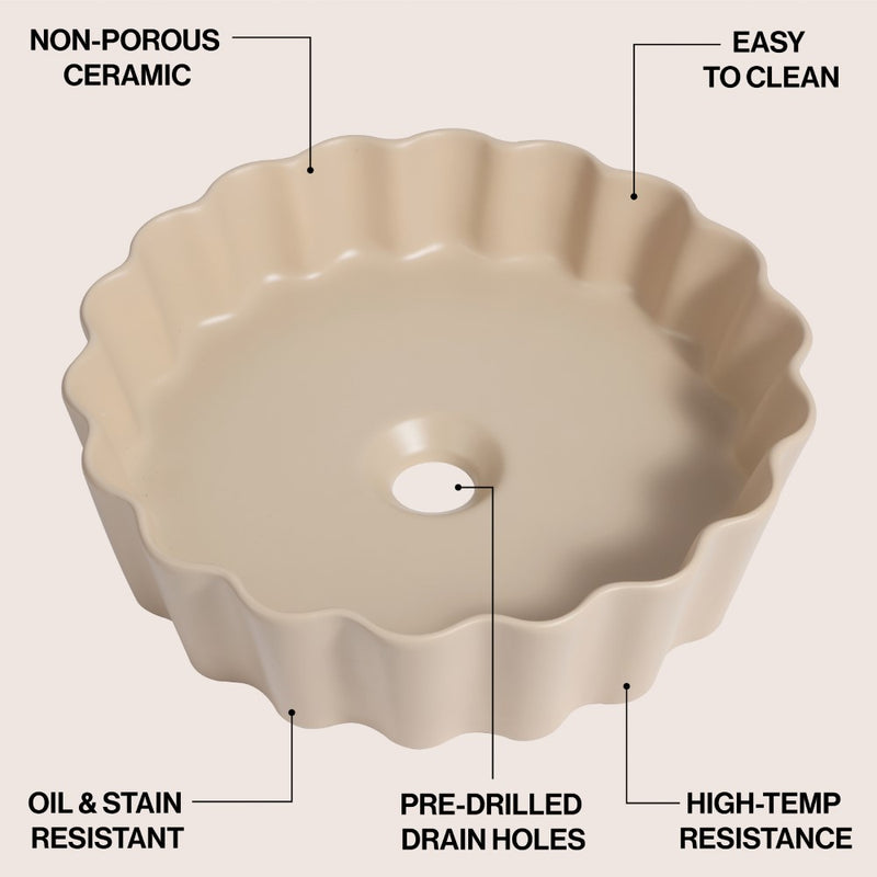 Atelier 15 in. Round Art Deco Contemporary Scalloped Ceramic Bathroom Vessel Sink