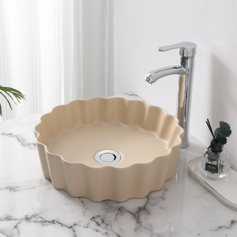 Atelier 15 in. Round Art Deco Contemporary Scalloped Ceramic Bathroom Vessel Sink