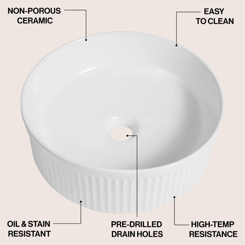 Element 14.75 in. W x 14.75 in. D Modern Designer Round Fluted Ceramic Bathroom Vessel Sink