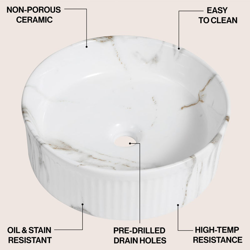 Element 14.75 in. W x 14.75 in. D Modern Designer Round Fluted Ceramic Bathroom Vessel Sink