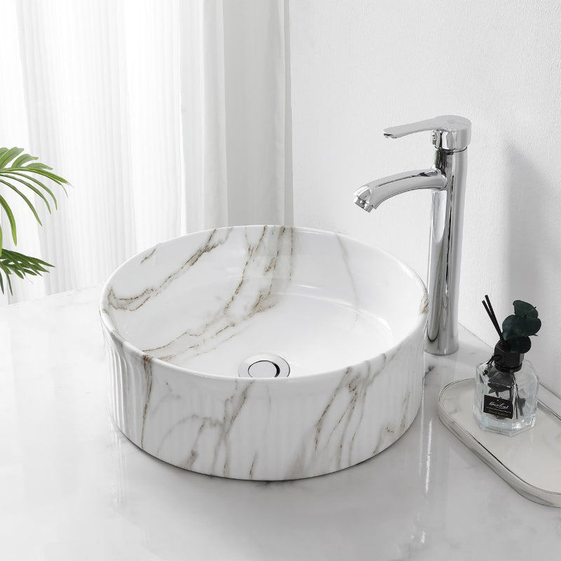 Element 14.75 in. W x 14.75 in. D Modern Designer Round Fluted Ceramic Bathroom Vessel Sink