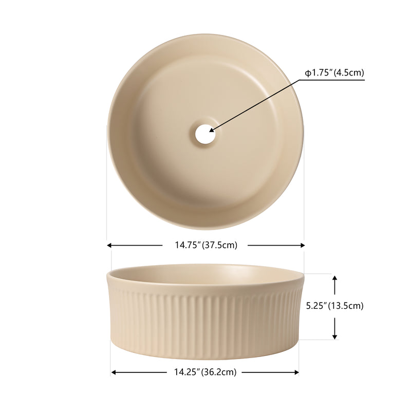 Element 14.75 in. W x 14.75 in. D Modern Designer Round Fluted Ceramic Bathroom Vessel Sink