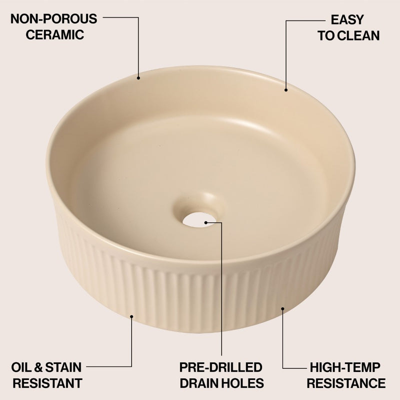 Element 14.75 in. W x 14.75 in. D Modern Designer Round Fluted Ceramic Bathroom Vessel Sink