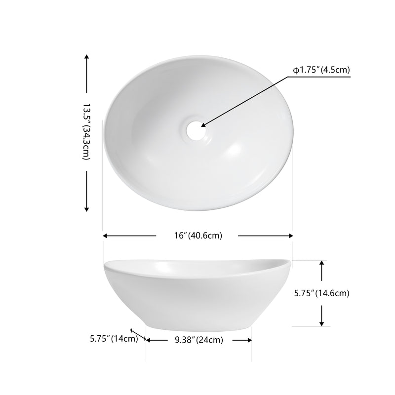 Cascade 16 in. W x 13.5 in. D Modern Minimalist Oval Ceramic Bathroom Vessel Sink