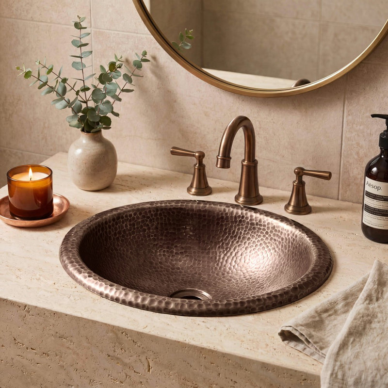 Wallace 17 in. Oval Bowl Rustic Pure Copper Hand-Hammered Drop-In/Above Counter Bathroom Vanity Sink