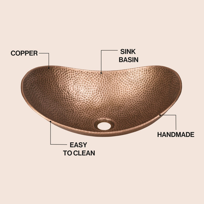 Dinghy 19 in. Boat-Shaped Rustic Pure Copper Hand-Hammered Above Counter Vessel Bathroom Vanity Sink