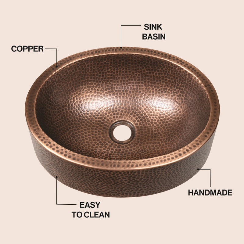 Mallory 17 in. Skirted Oval Bowl Pure Copper Hand-Hammered Above Counter Vessel Bathroom Vanity Sink