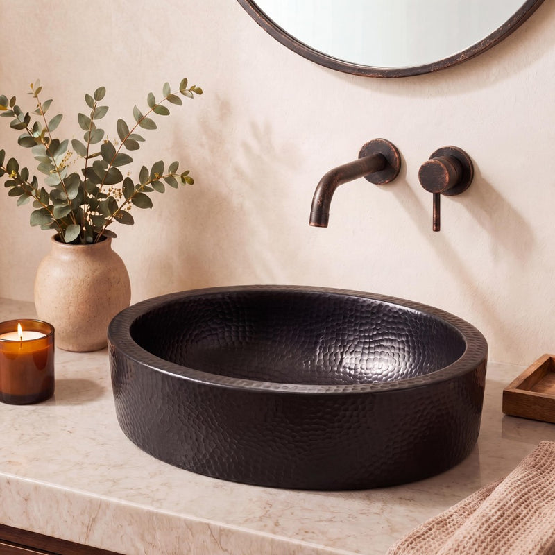 Mallory 17 in. Skirted Oval Bowl Pure Copper Hand-Hammered Above Counter Vessel Bathroom Vanity Sink