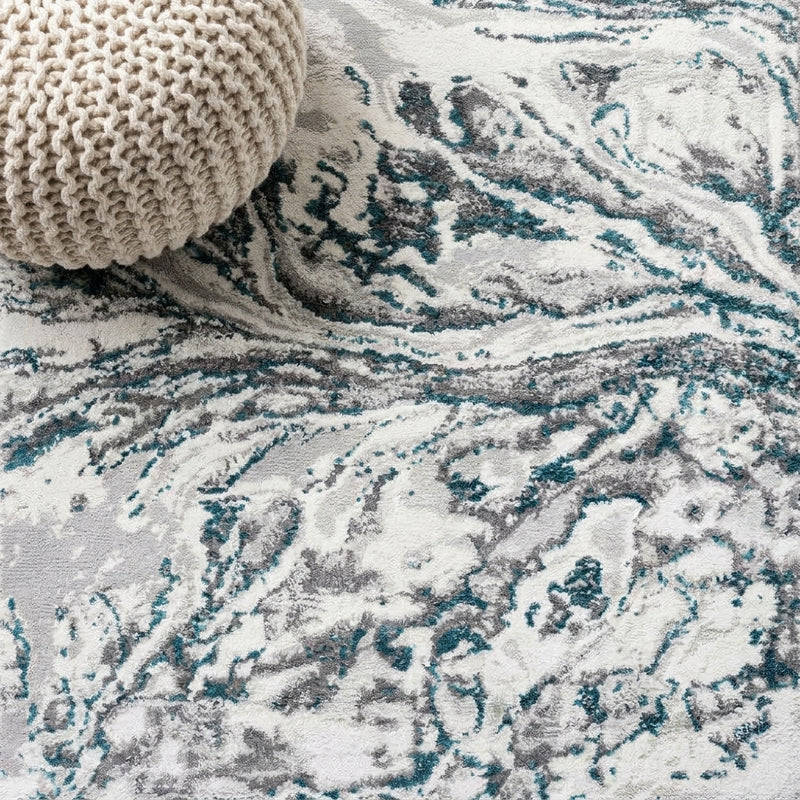 Swirl Marbled Abstract Area Rug Gray/Turquoise / Runner / 2' X 10' – DETAIL