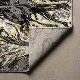 Swirl Marbled Abstract Area Rug Black/Yellow / Runner / 2' X 10' – BACK