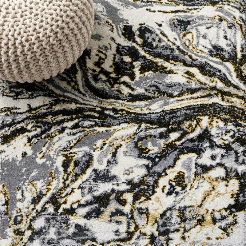 Swirl Marbled Abstract Area Rug Black/Yellow / Runner / 2' X 10' – DETAIL