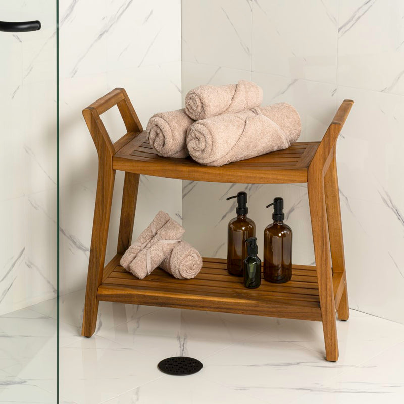 Orla 25.6" Modern Classic Slatted Solid Acacia Wood Indoor/Outdoor Shower Bench with Shelf and Handle