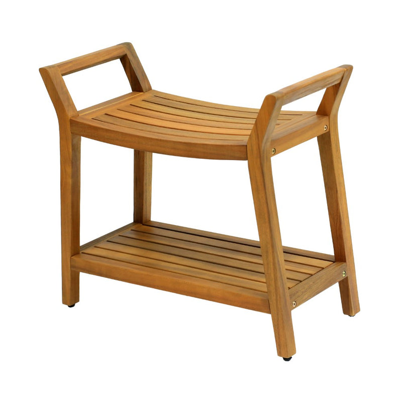 Orla 25.6" Modern Classic Slatted Solid Acacia Wood Indoor/Outdoor Shower Bench with Shelf and Handle