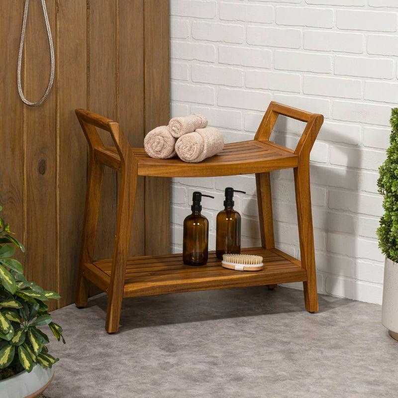 Orla 25.6" Modern Classic Slatted Solid Acacia Wood Indoor/Outdoor Shower Bench with Shelf and Handle