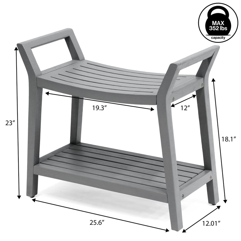 Orla 25.6" Modern Classic Slatted Solid Acacia Wood Indoor/Outdoor Shower Bench with Shelf and Handle