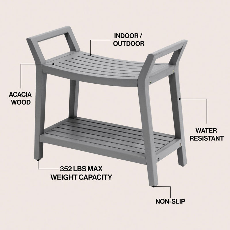 Orla 25.6" Modern Classic Slatted Solid Acacia Wood Indoor/Outdoor Shower Bench with Shelf and Handle