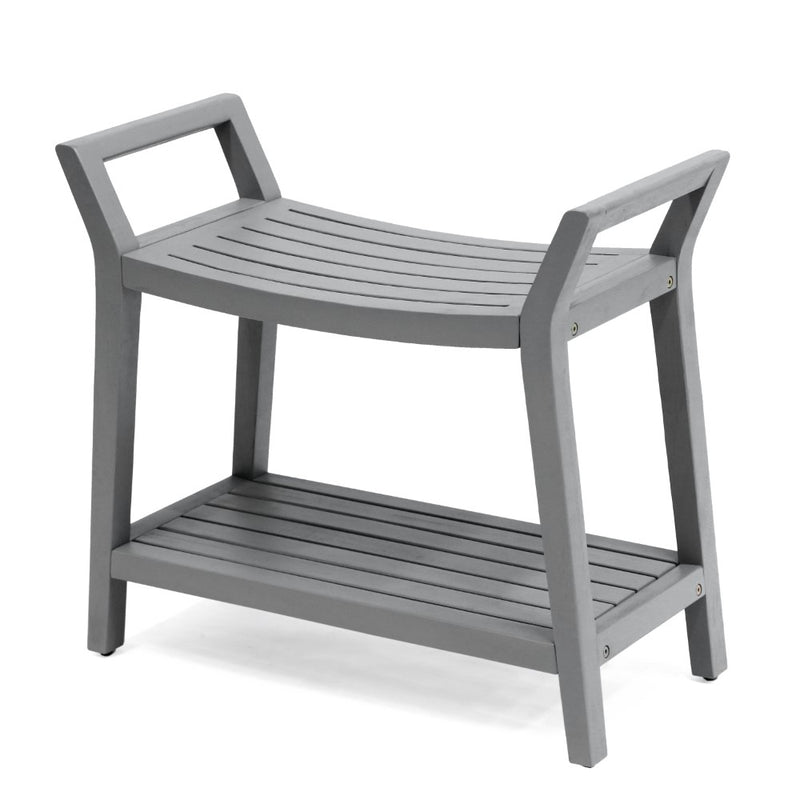 Orla 25.6" Modern Classic Slatted Solid Acacia Wood Indoor/Outdoor Shower Bench with Shelf and Handle