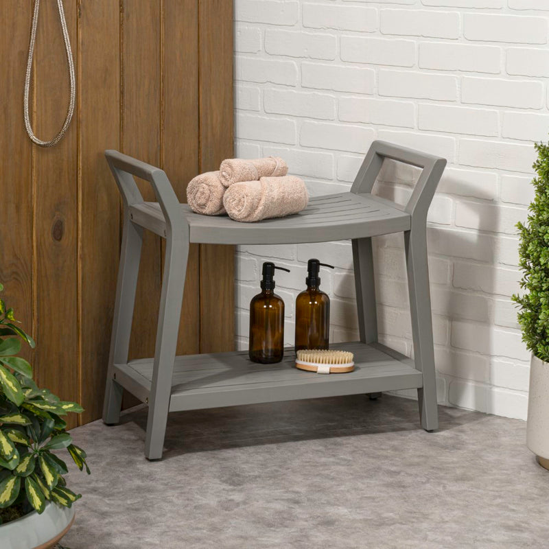 Orla 25.6" Modern Classic Slatted Solid Acacia Wood Indoor/Outdoor Shower Bench with Shelf and Handle